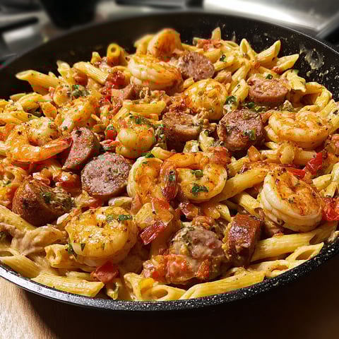 A skillet filled with shrimp, sausage, and pasta.