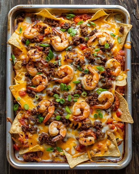 A delicious looking dish of shrimp and beef nacho fries.