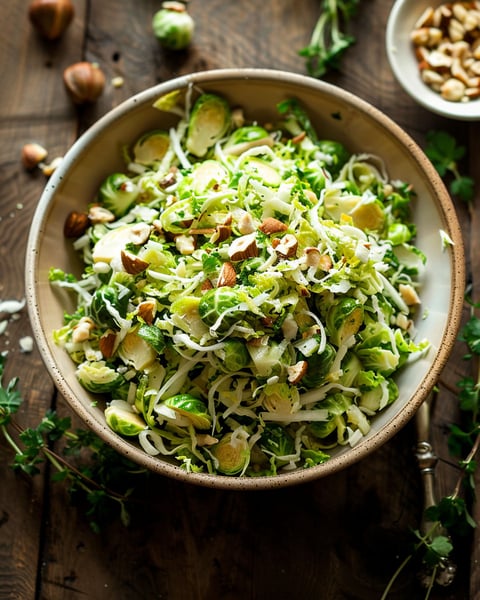 A bowl of shredded Brussels hazelnut crunch.