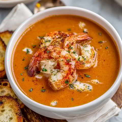 A bowl of seafood bisque with shrimp and lobster.