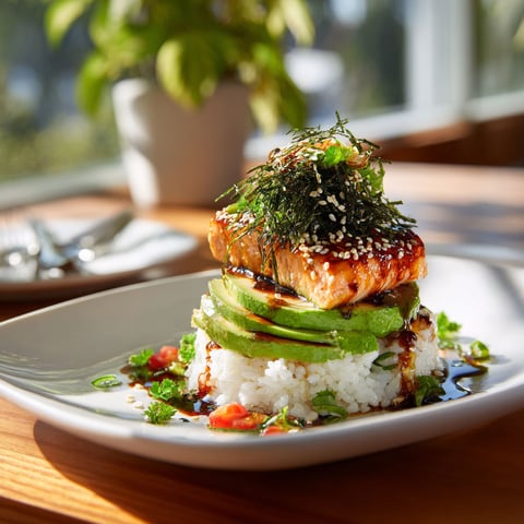 A plate of food with rice, avocado, and salmon.