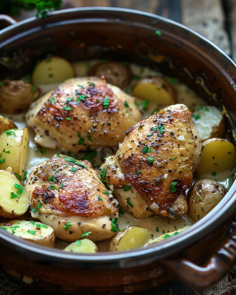 A crockpot filled with garlic parmesan chicken and potatoes.