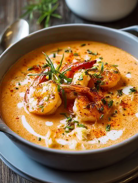 A bowl of seafood bisque with shrimp and herbs.