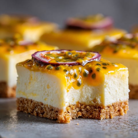 A slice of creamy no-bake passion fruit dessert.