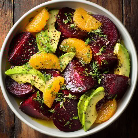 A bowl of beet salad with orange slices and avocado.