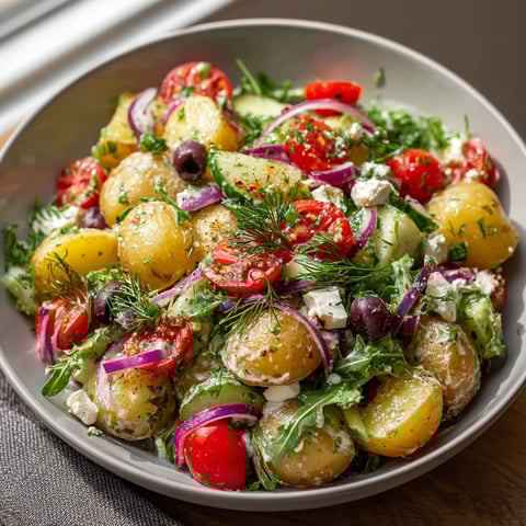 A bowl of vegetables including potatoes, tomatoes, and onions.