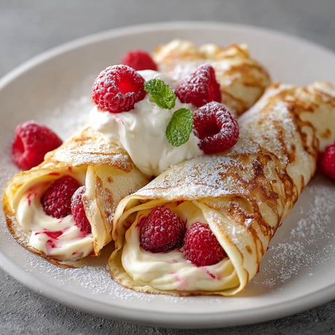 A plate of crepes with raspberries and whipped cream.
