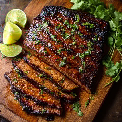 A piece of meat with lime and chili on it.