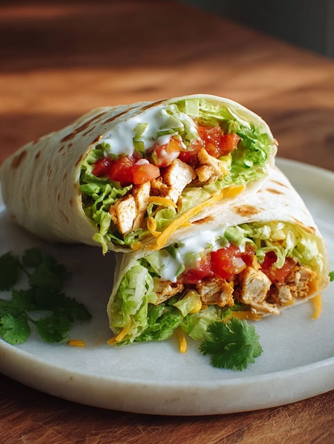 A delicious sweet chili chicken wrap on a plate.