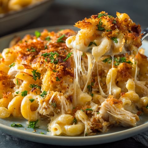 A close up of a delicious baked mac and cheese with cream cheese.