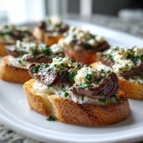 A plate of beef tenderloin gorgonzola crostini.