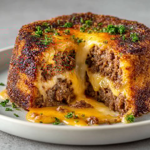 A cheeseburger lava cake on a plate.