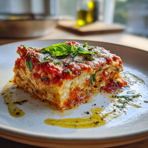 A delicious lasagna with a generous amount of sauce and cheese.